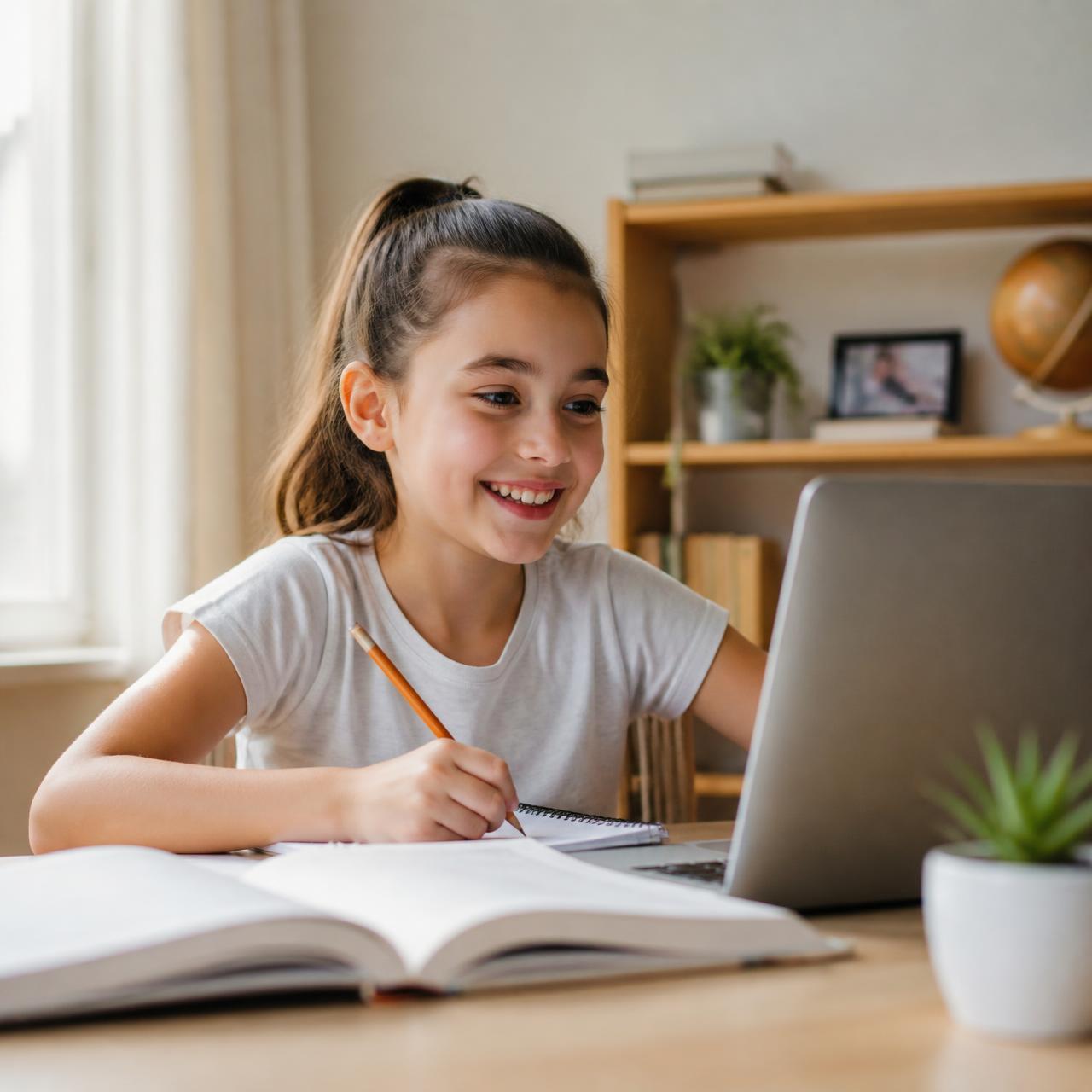 A young student in a live one-on-one online tutoring session